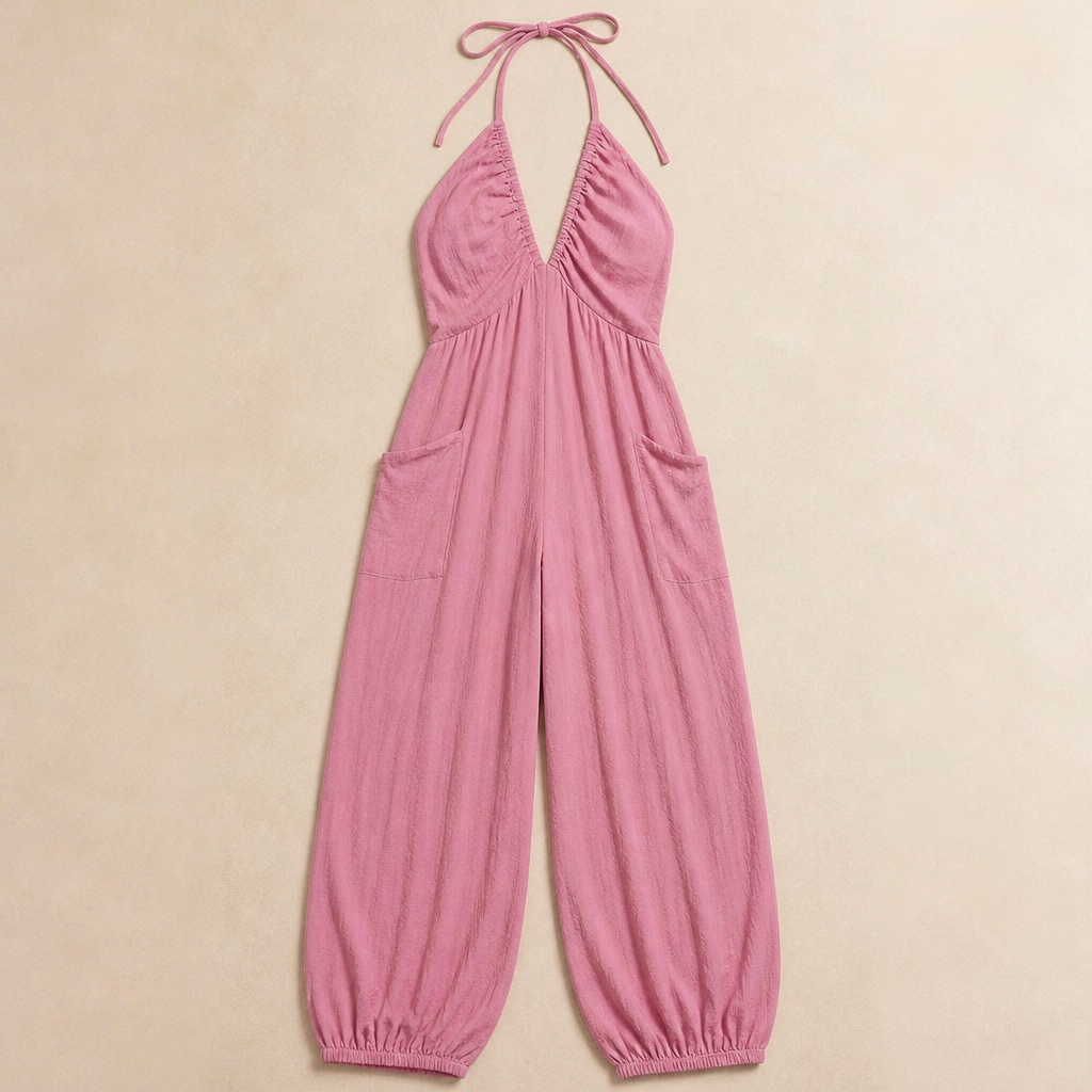 SolariaFlow™ – Flowy Wide-Leg Halter Jumpsuit with Ruched Deep-V Neckline