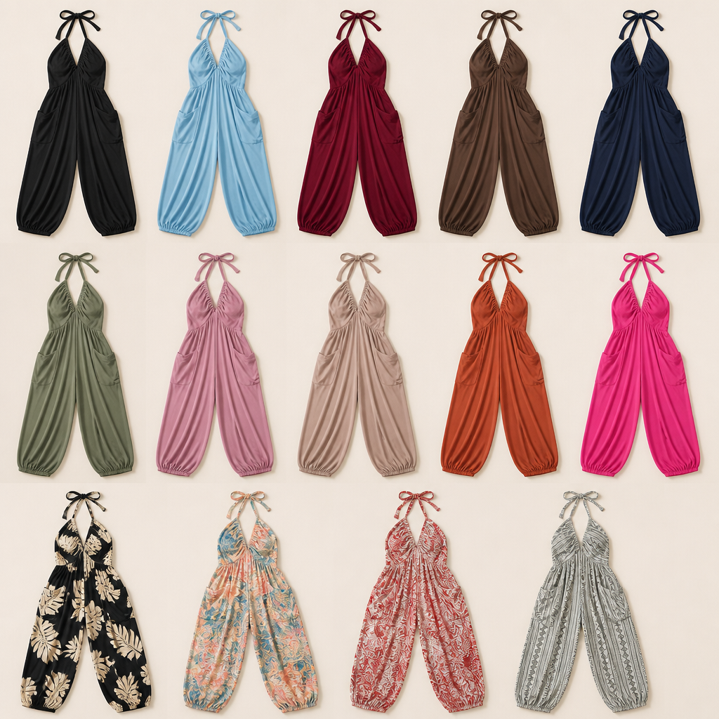 SolariaFlow™ – Flowy Wide-Leg Halter Jumpsuit with Ruched Deep-V Neckline
