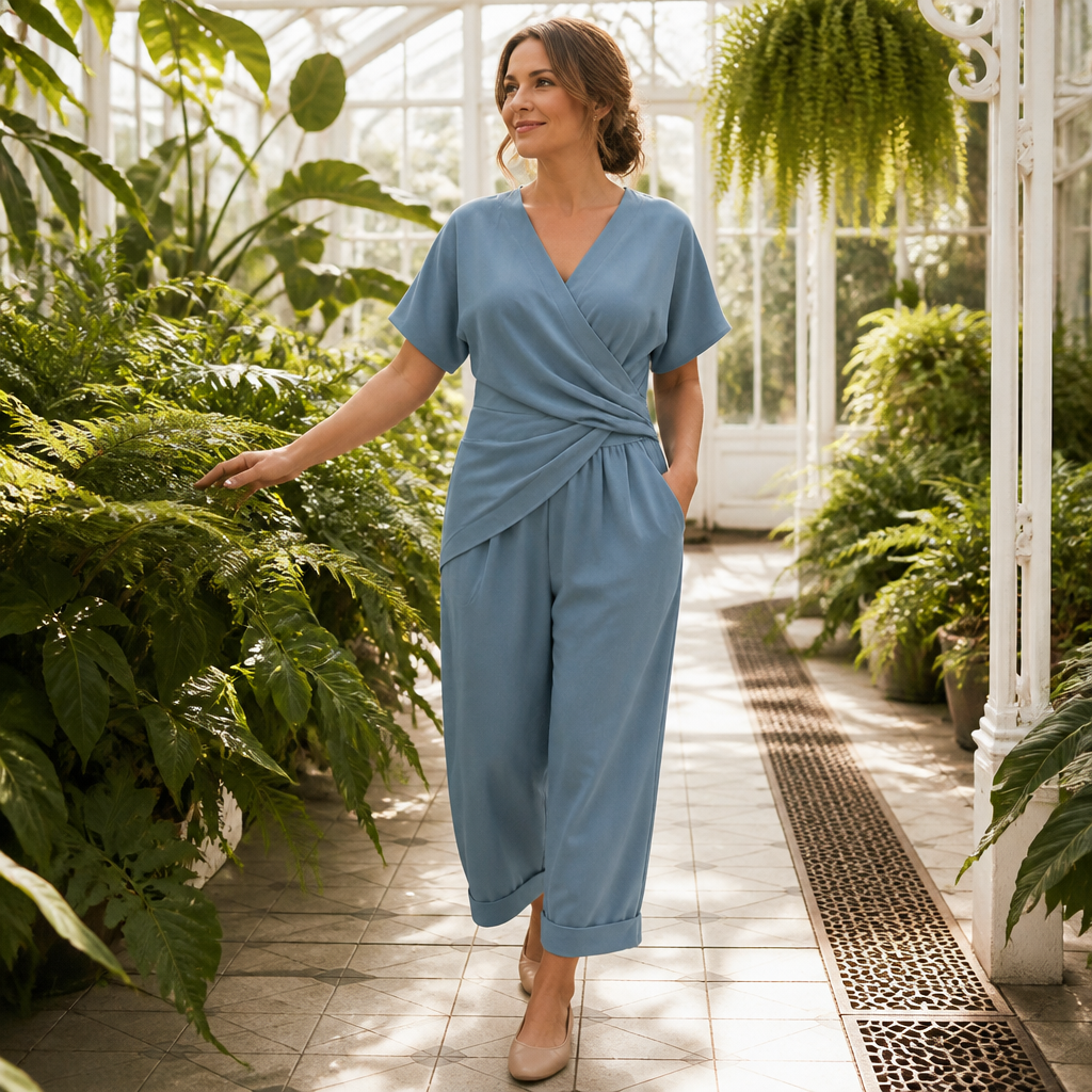 PureLuxe™ – Elegant Wrap-Waist Two-Piece Set with Wide-Leg Pants