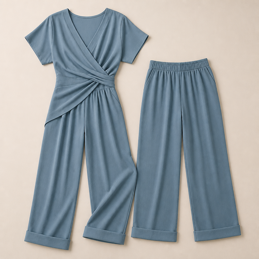 PureLuxe™ – Elegant Wrap-Waist Two-Piece Set with Wide-Leg Pants