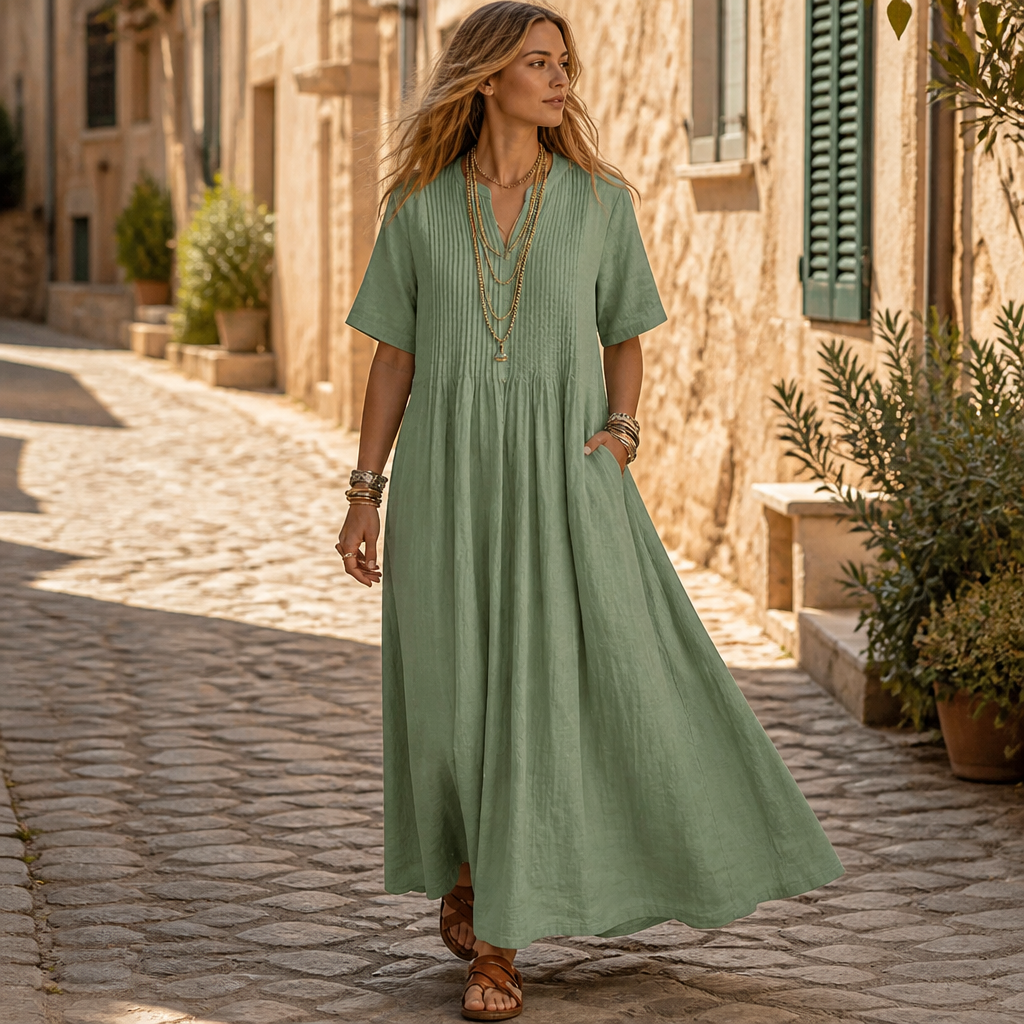 LioraBelle™ – Relaxed Pintuck Linen Maxi Dress with Pockets