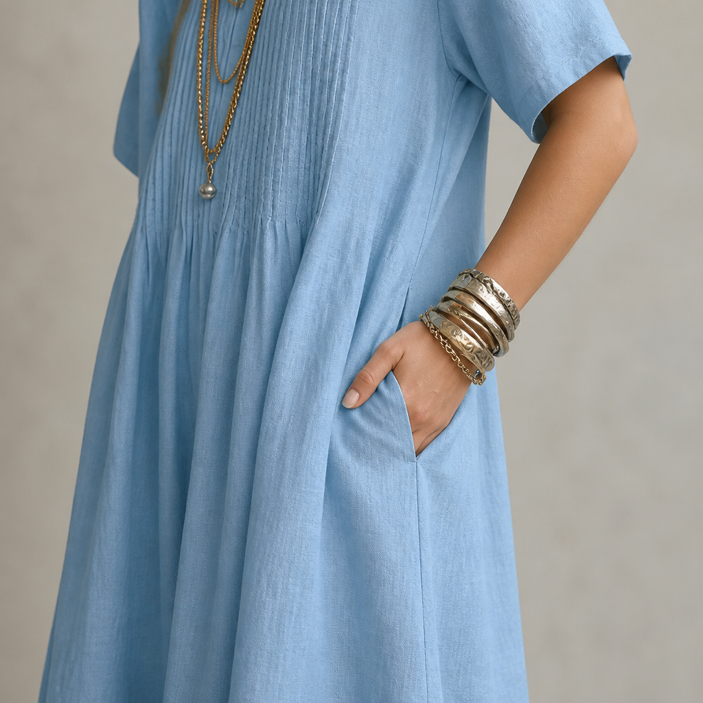 LioraBelle™ – Relaxed Pintuck Linen Maxi Dress with Pockets