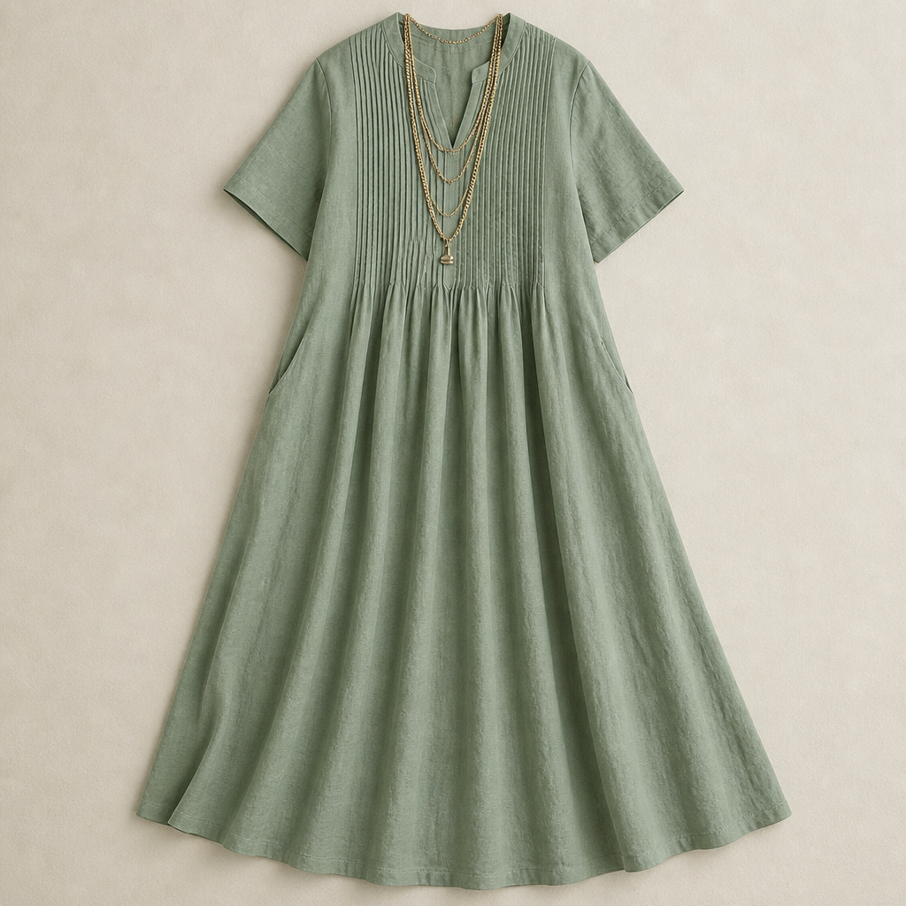 LioraBelle™ – Relaxed Pintuck Linen Maxi Dress with Pockets