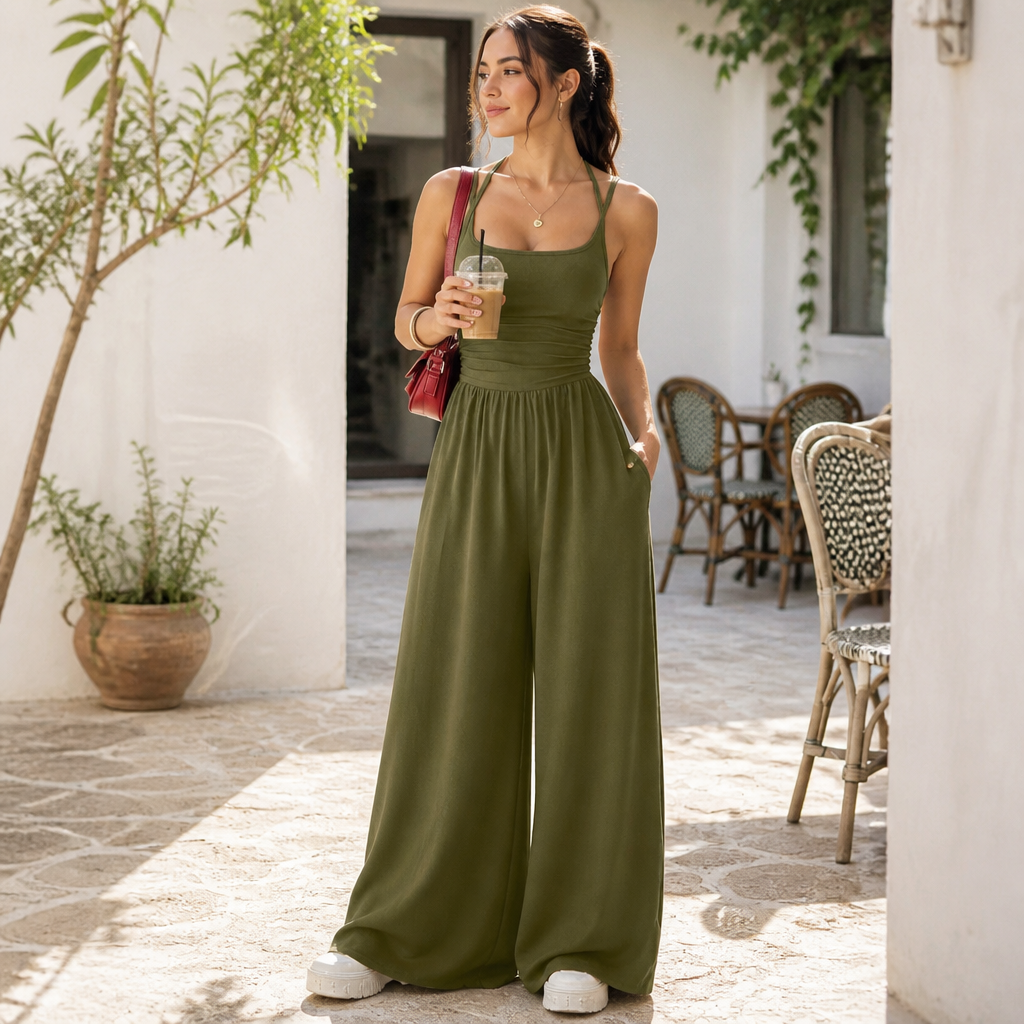 SolaraWave™ – Flowy Wide-Leg Summer Jumpsuit with Ruched Bodice