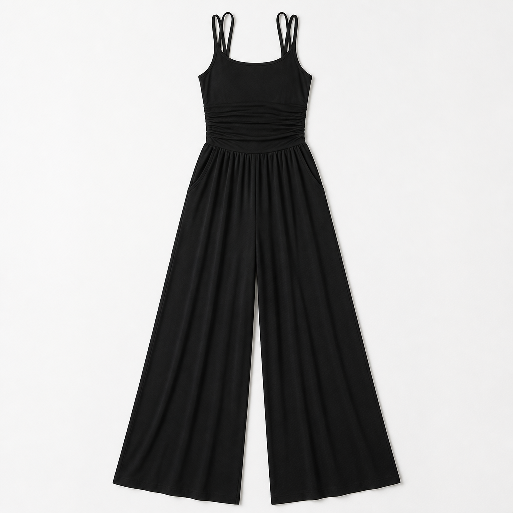 SolaraWave™ – Flowy Wide-Leg Summer Jumpsuit with Ruched Bodice