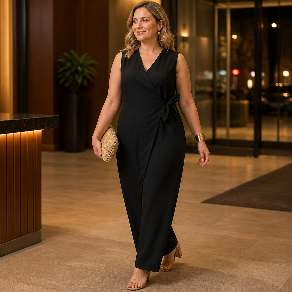 SereneSilhouette™ – Elegant Wrap-Front Sleeveless Jumpsuit with Side Tie