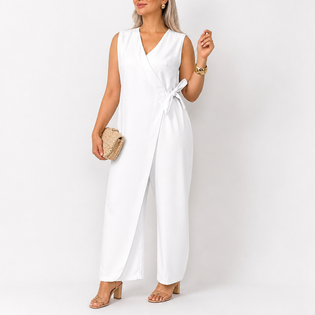 SereneSilhouette™ – Elegant Wrap-Front Sleeveless Jumpsuit with Side Tie