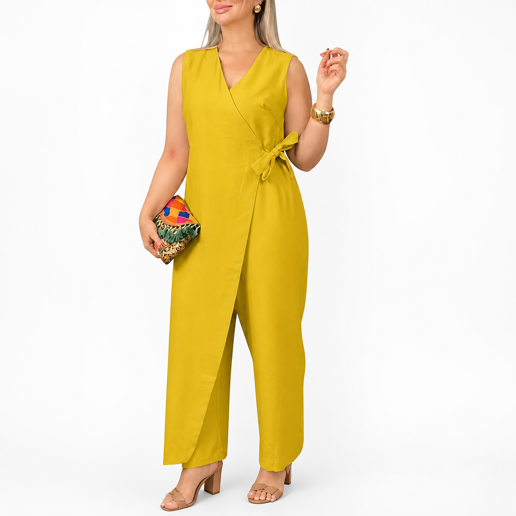 SereneSilhouette™ – Elegant Wrap-Front Sleeveless Jumpsuit with Side Tie