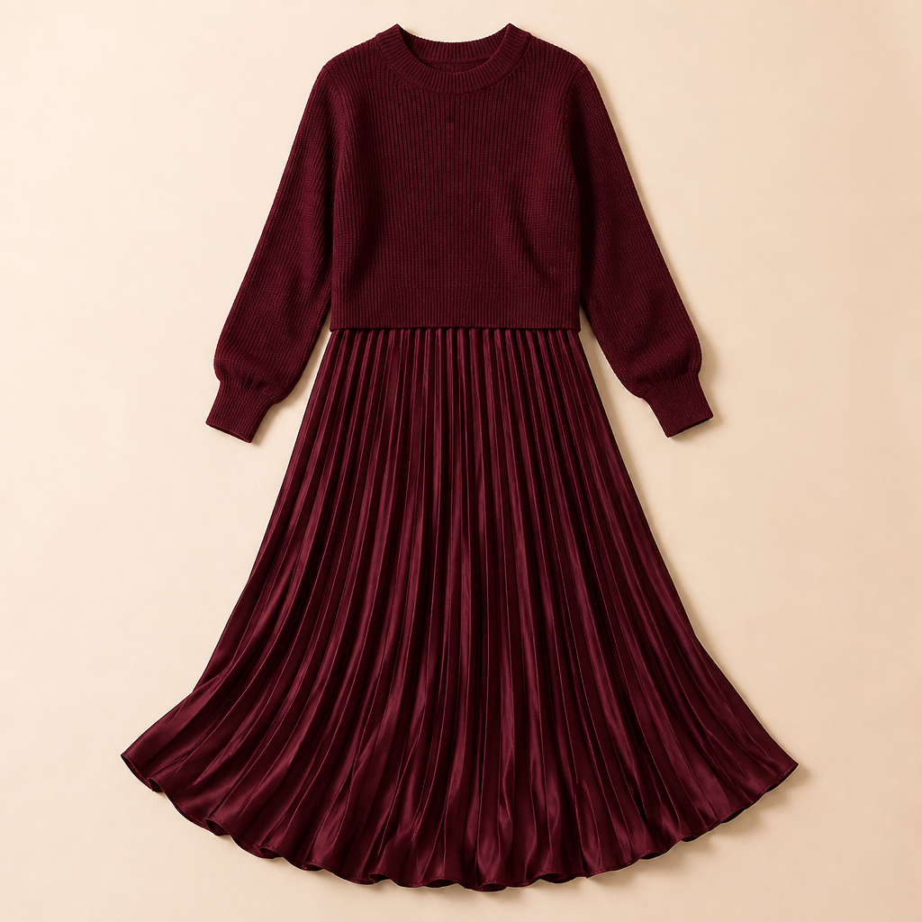 VelaLift™ – Elegant Pleated Maxi Skirt Set with Cropped Knit Top