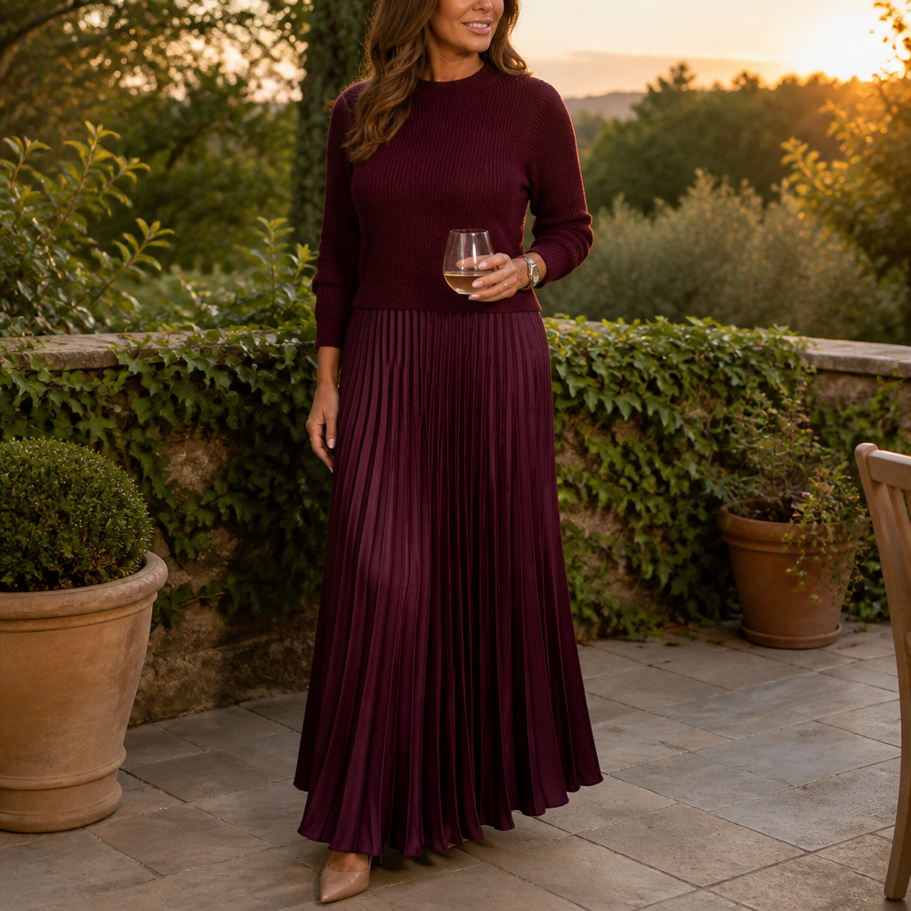 VelaLift™ – Elegant Pleated Maxi Skirt Set with Cropped Knit Top