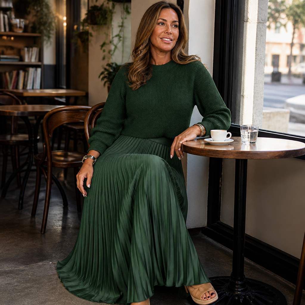 VelaLift™ – Elegant Pleated Maxi Skirt Set with Cropped Knit Top