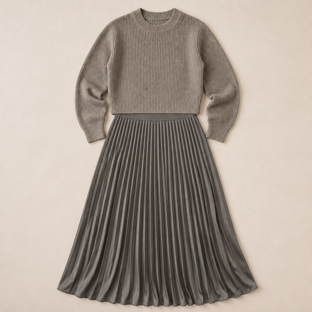 VelaLift™ – Elegant Pleated Maxi Skirt Set with Cropped Knit Top