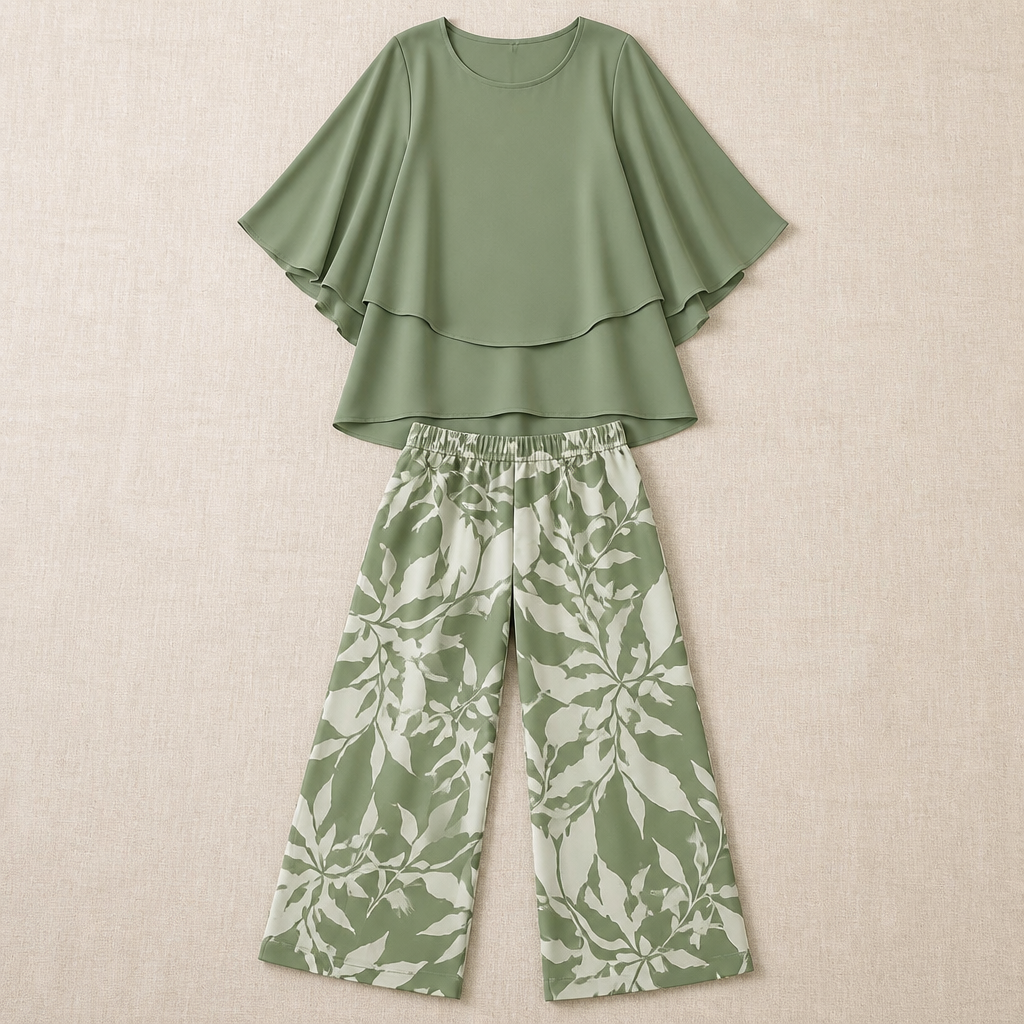 Flexara™ – Elegant Layered Chiffon Top and Wide-Leg Printed Pant Set