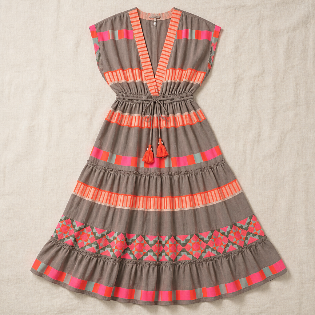 Solana™ – Bohemian Print V-Neck Tiered Maxi Dress with Tassel Tie