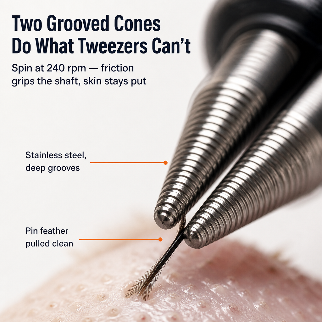 SwiftPluck™ — Pull Stubborn Pin Feathers Clean Without Tweezers or Torch