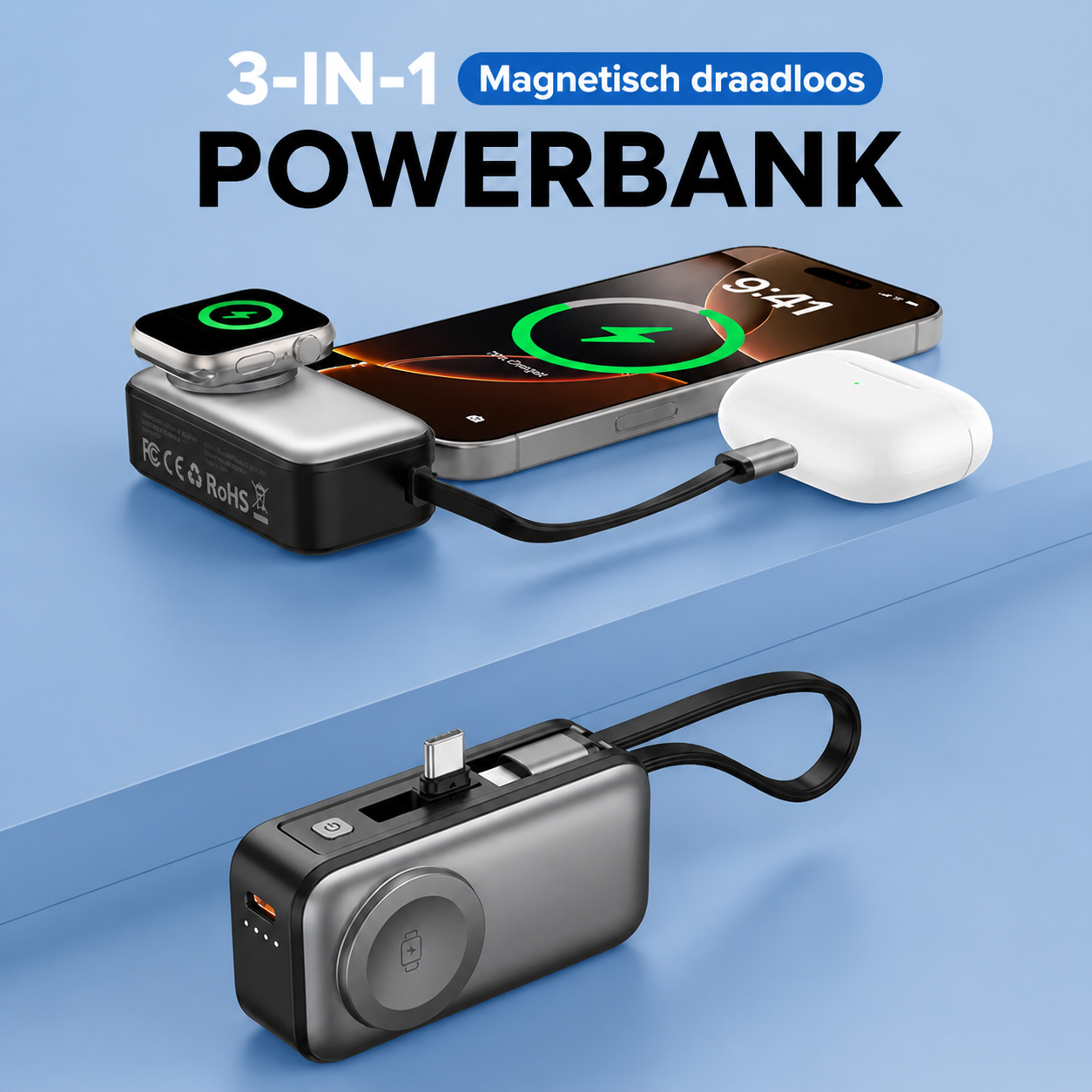 3-in-1 Magnetic Power Bank with Wireless Charging Capability