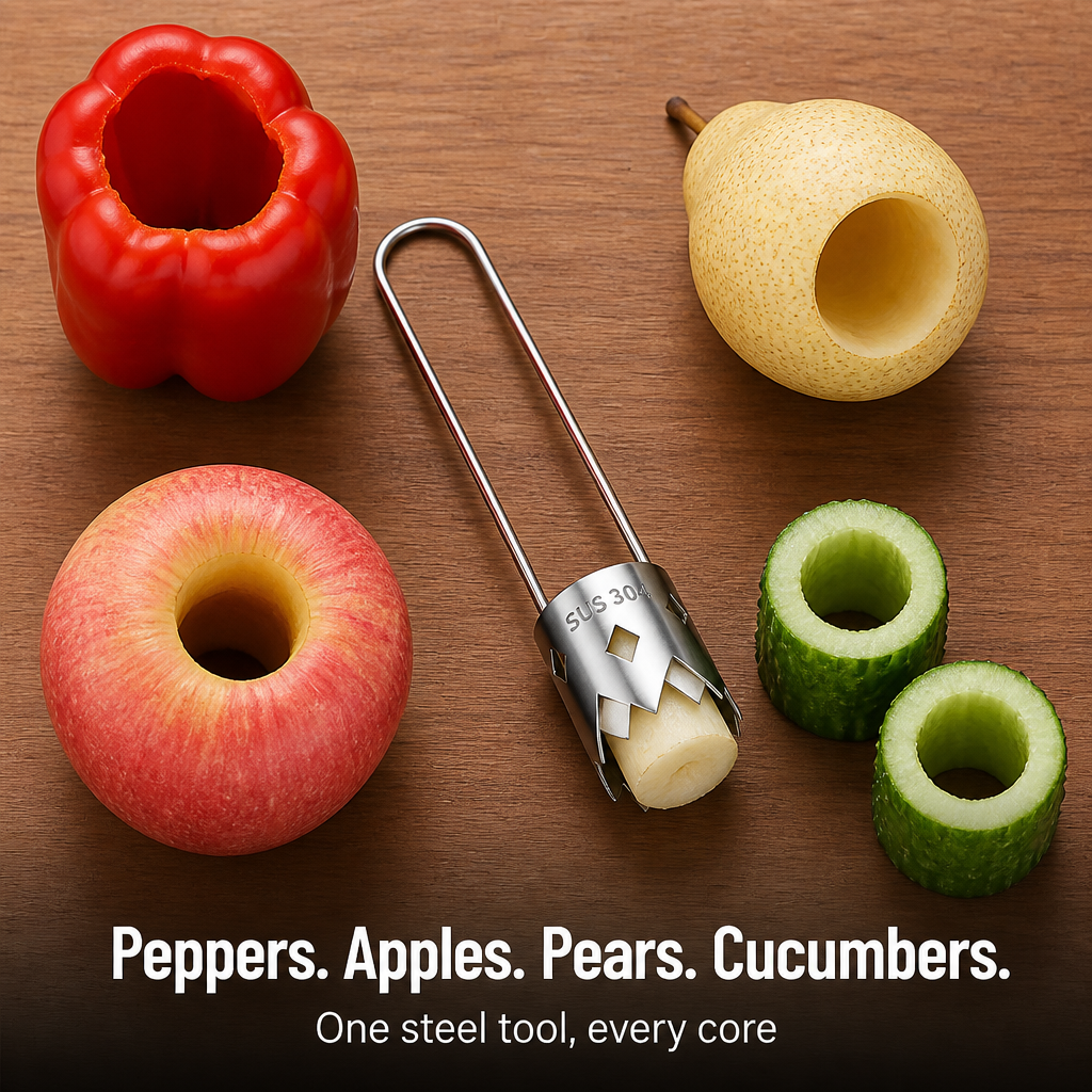 SteelCore™ — Core Peppers, Apples & Pears in One Twist, Zero Seed Mess