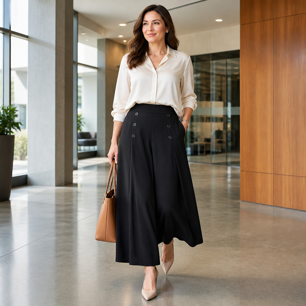 VeroLuxe™ – Flowy Pleated Wide-Leg Pants with Side Button Detail