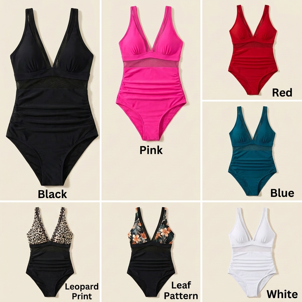 AuraSleek™ – Sculpting Mesh V-Neck One-Piece with Ruched Tummy Control
