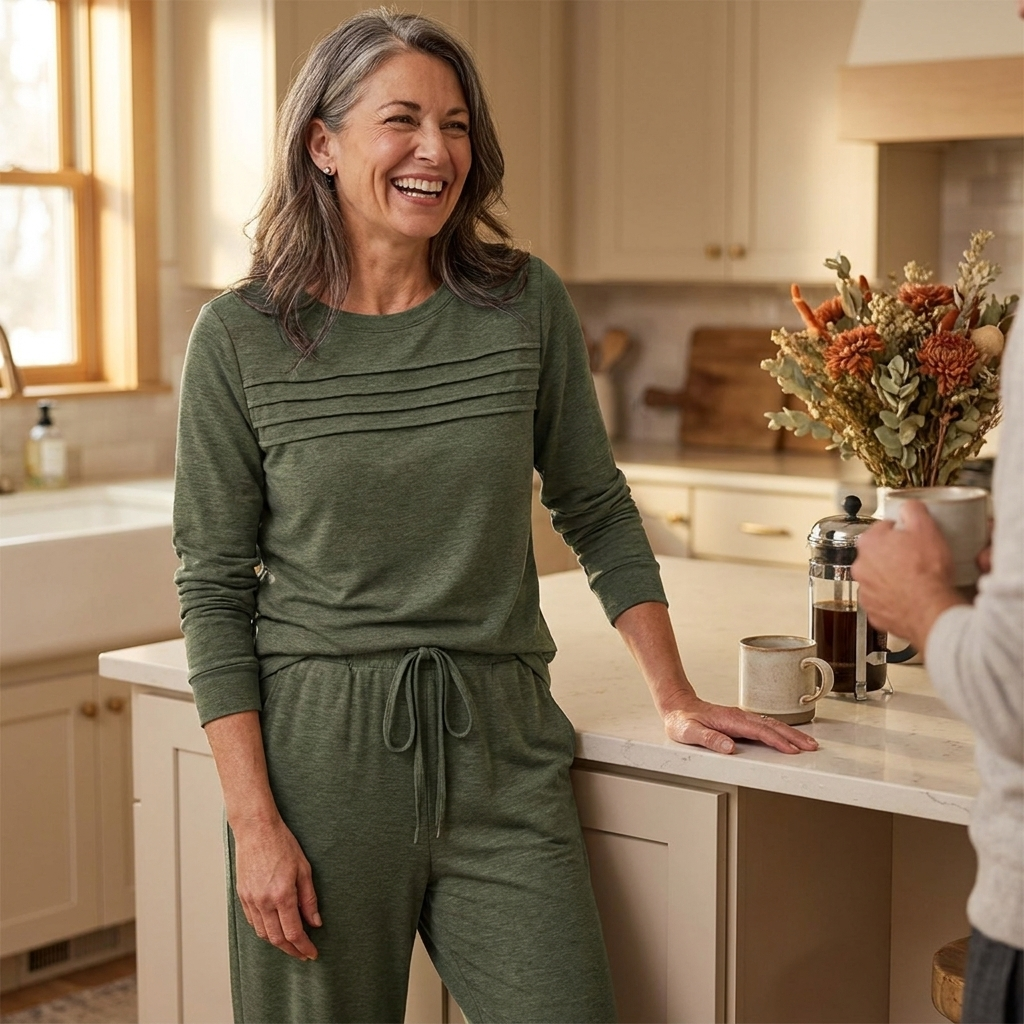 OptimaWear™ – Soft Knit Pleated-Yoke Two-Piece Lounge Set