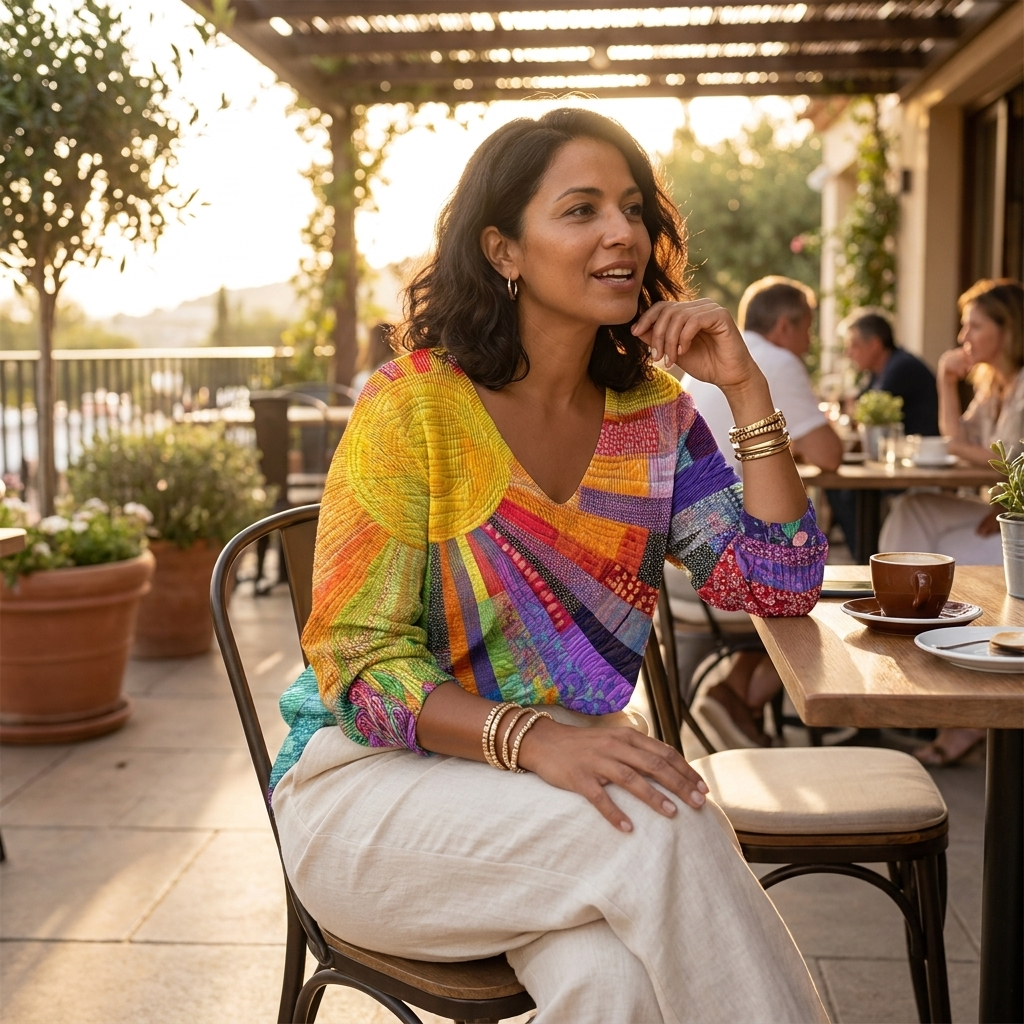 LuxeVera™ – Vibrant Sunburst Patchwork V-Neck Blouse