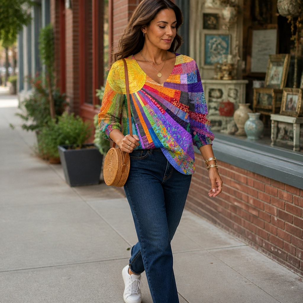 LuxeVera™ – Vibrant Sunburst Patchwork V-Neck Blouse