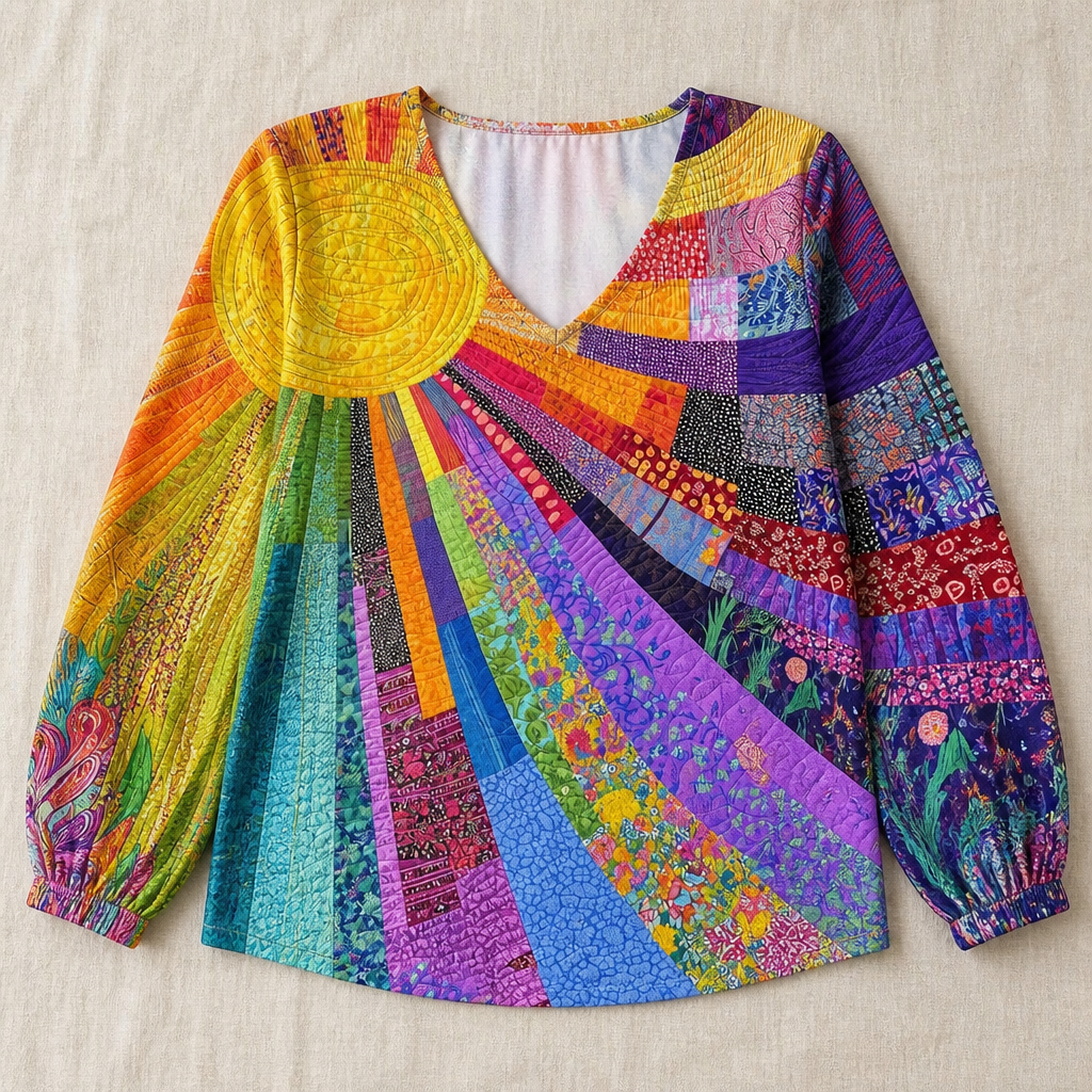 LuxeVera™ – Vibrant Sunburst Patchwork V-Neck Blouse
