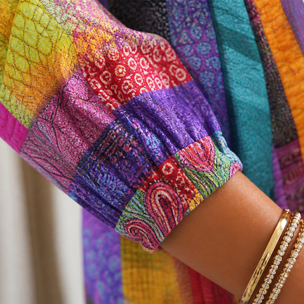 LuxeVera™ – Vibrant Sunburst Patchwork V-Neck Blouse