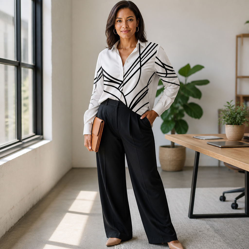 LumaLuxe™ – Relaxed Linework Print Button-Down Shirt with Pockets