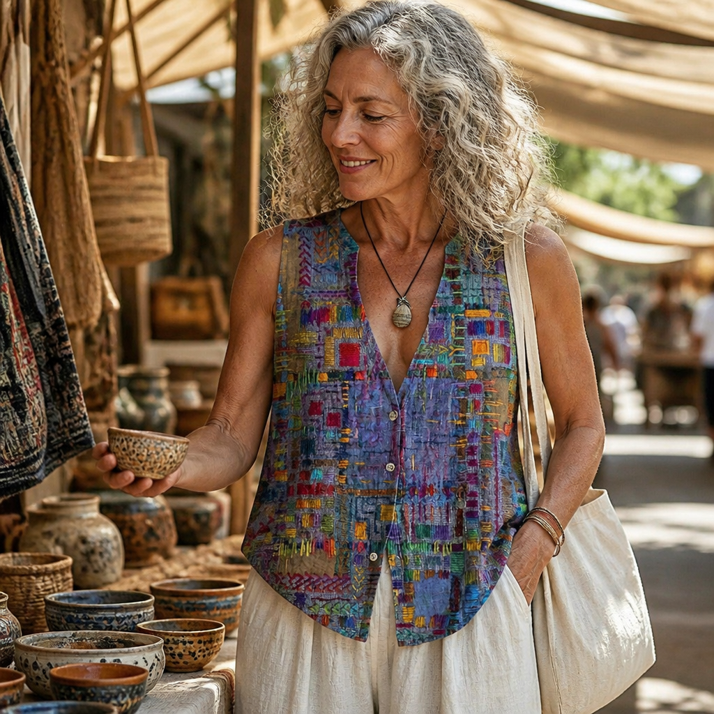 ViviaHue™ – Artistic Patchwork Sleeveless V-Neck Button Blouse