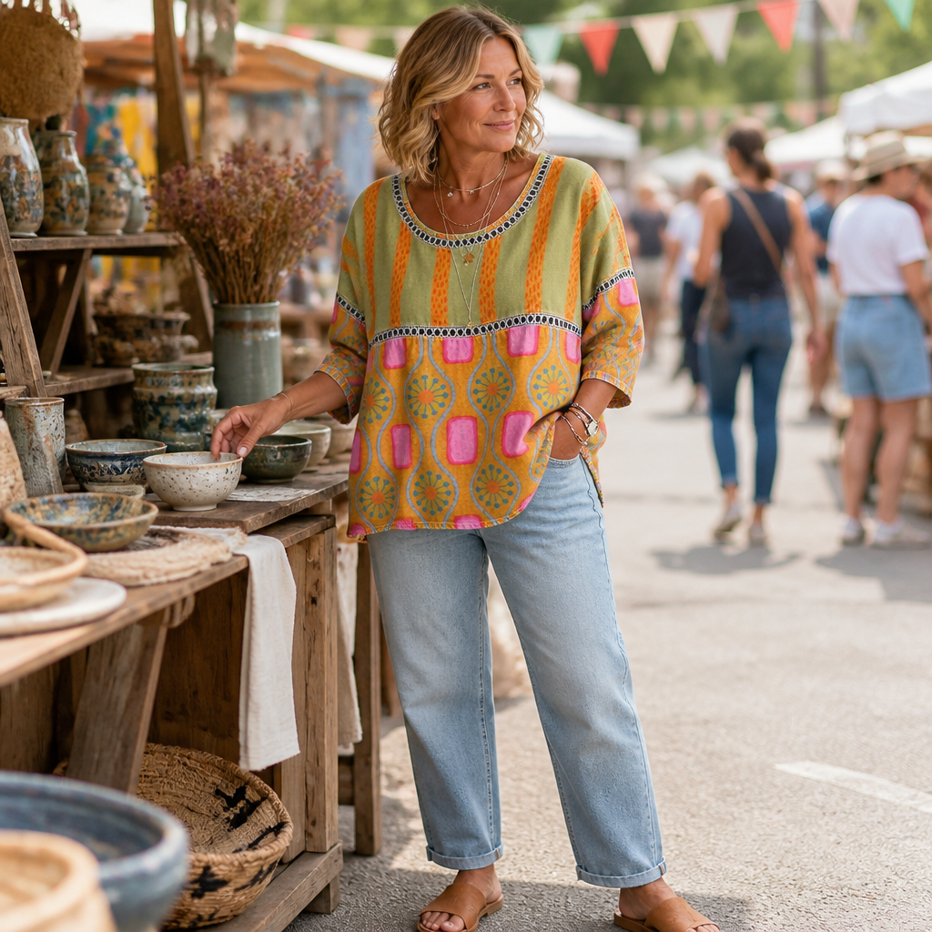 VivaLuxe™ – Bohemian Mixed-Print Relaxed Top with Three-Quarter Sleeves