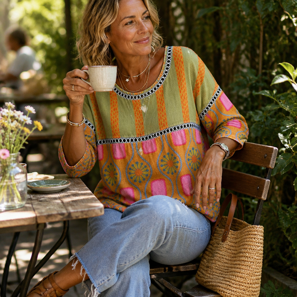 VivaLuxe™ – Bohemian Mixed-Print Relaxed Top with Three-Quarter Sleeves