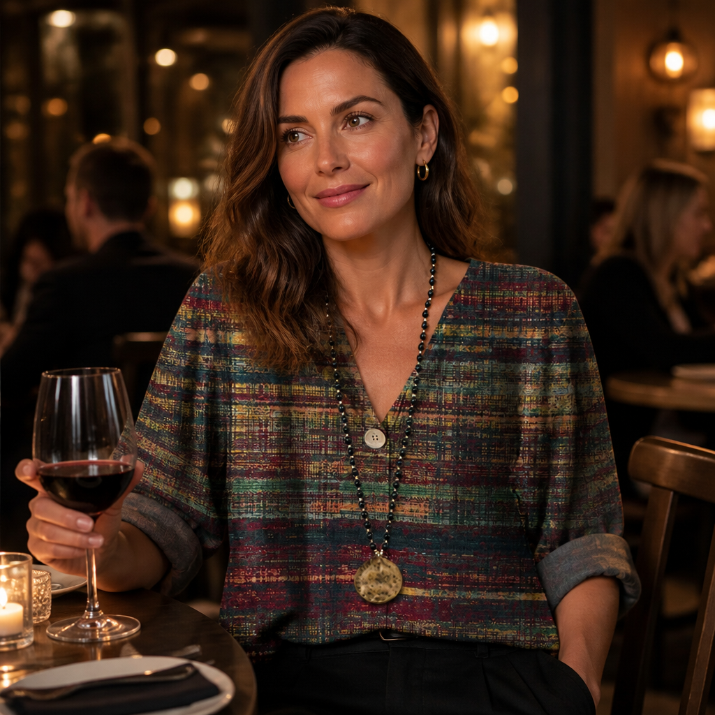 LuminaBelle™ – Vintage Print V-Neck Blouse with Rolled Cuff Sleeves