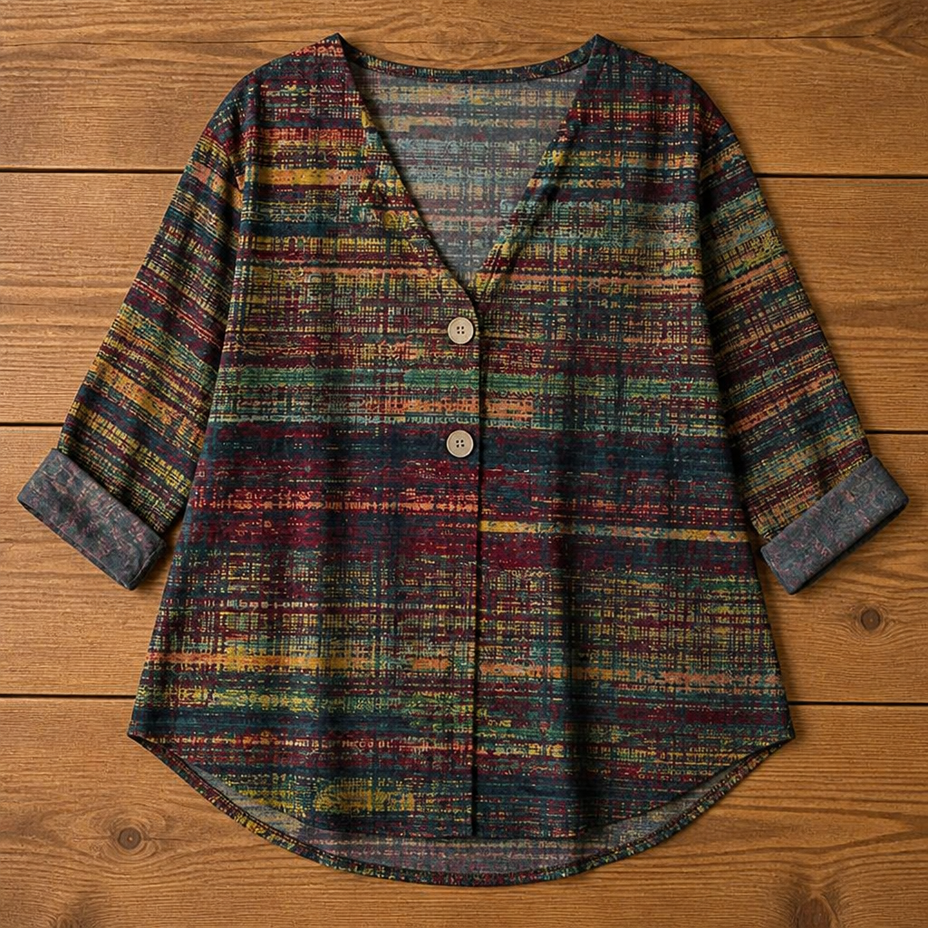 LuminaBelle™ – Vintage Print V-Neck Blouse with Rolled Cuff Sleeves