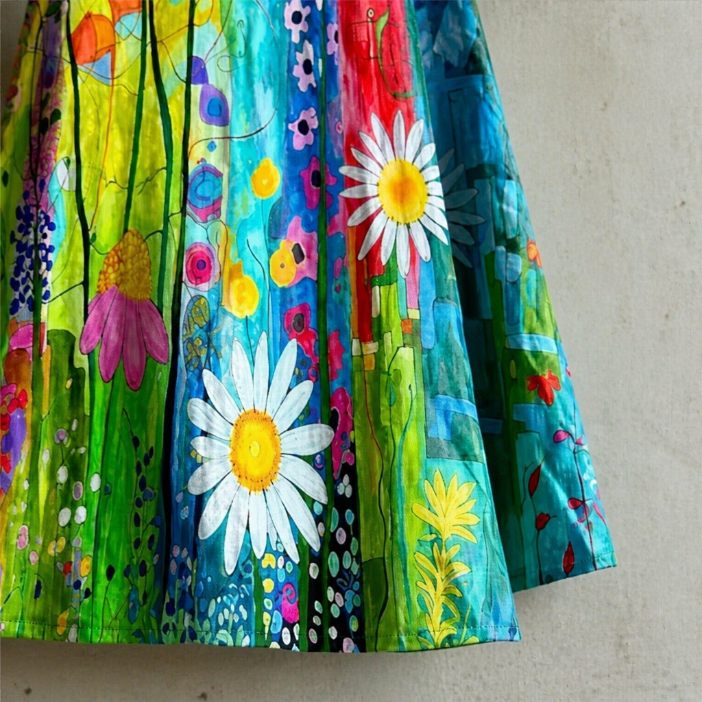 LuminaLuxe™ – Hand-Painted Floral Sleeveless A-Line Dress