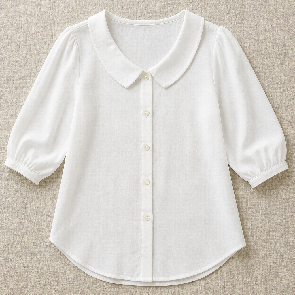 LuminaLuxe™ – Soft Peter Pan Collar Half-Sleeve Blouse