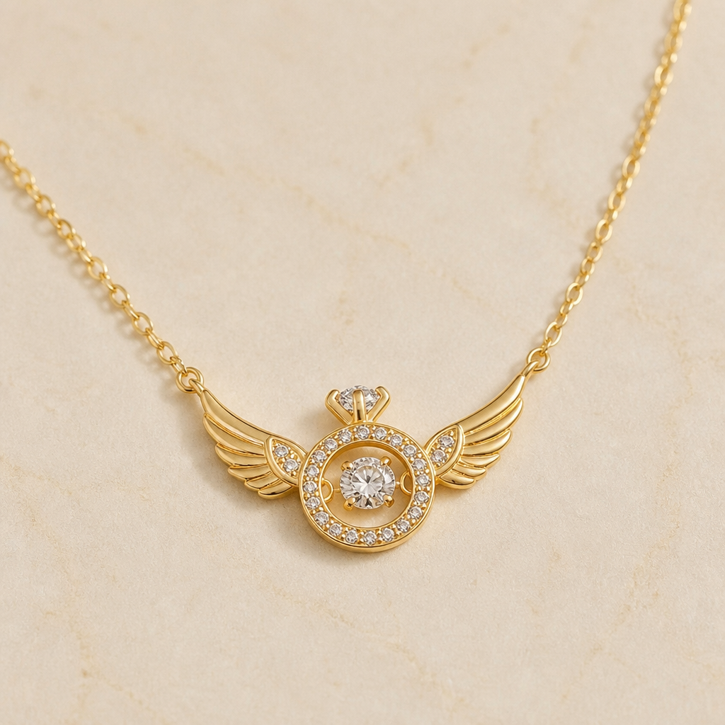 RadiantRise™ – Dainty Angel Wing Necklace with Floating Sparkle Stone