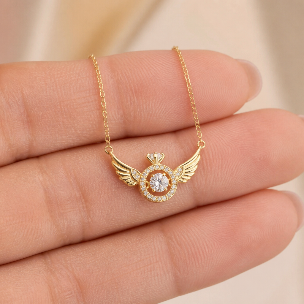 RadiantRise™ – Dainty Angel Wing Necklace with Floating Sparkle Stone