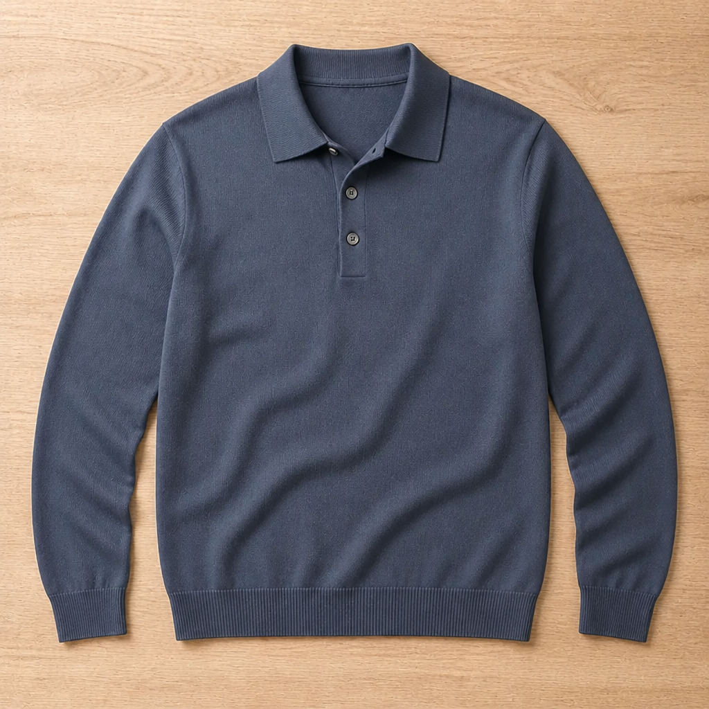 LuxeWave™ – Fine-Knit Long-Sleeve Polo with Three-Button Placket