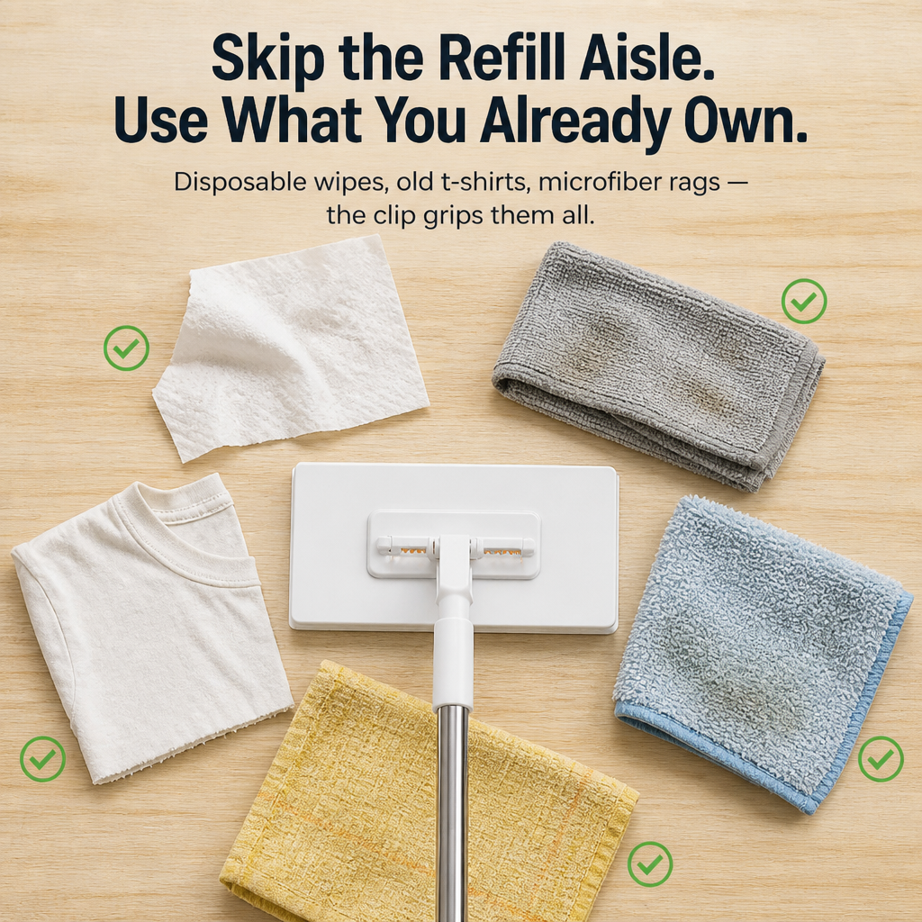 SwiftSweepPro™ — Clip Any Cloth, Sweep Any Floor, Skip the Refill Aisle for Good