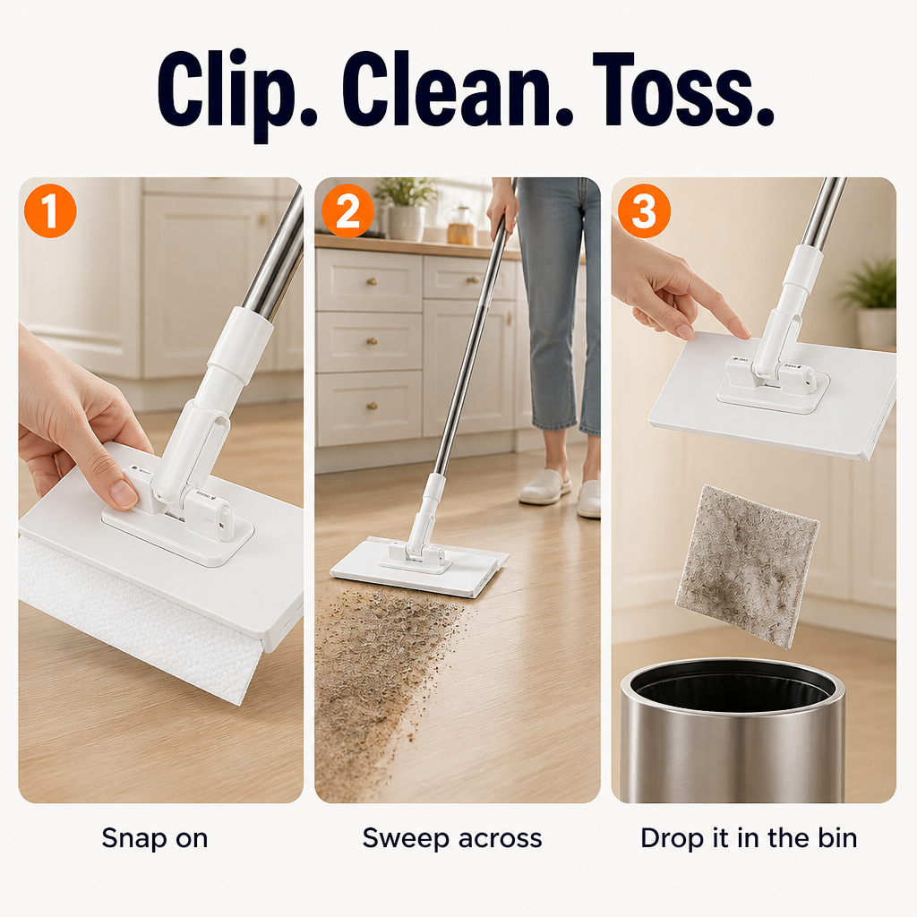 SwiftSweepPro™ — Clip Any Cloth, Sweep Any Floor, Skip the Refill Aisle for Good