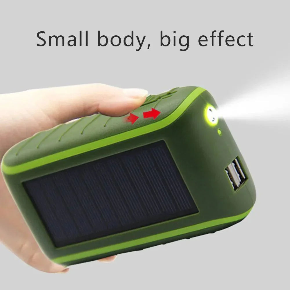 Solar Power Bank with Hand Crank and Flashlight – USB Compatible
