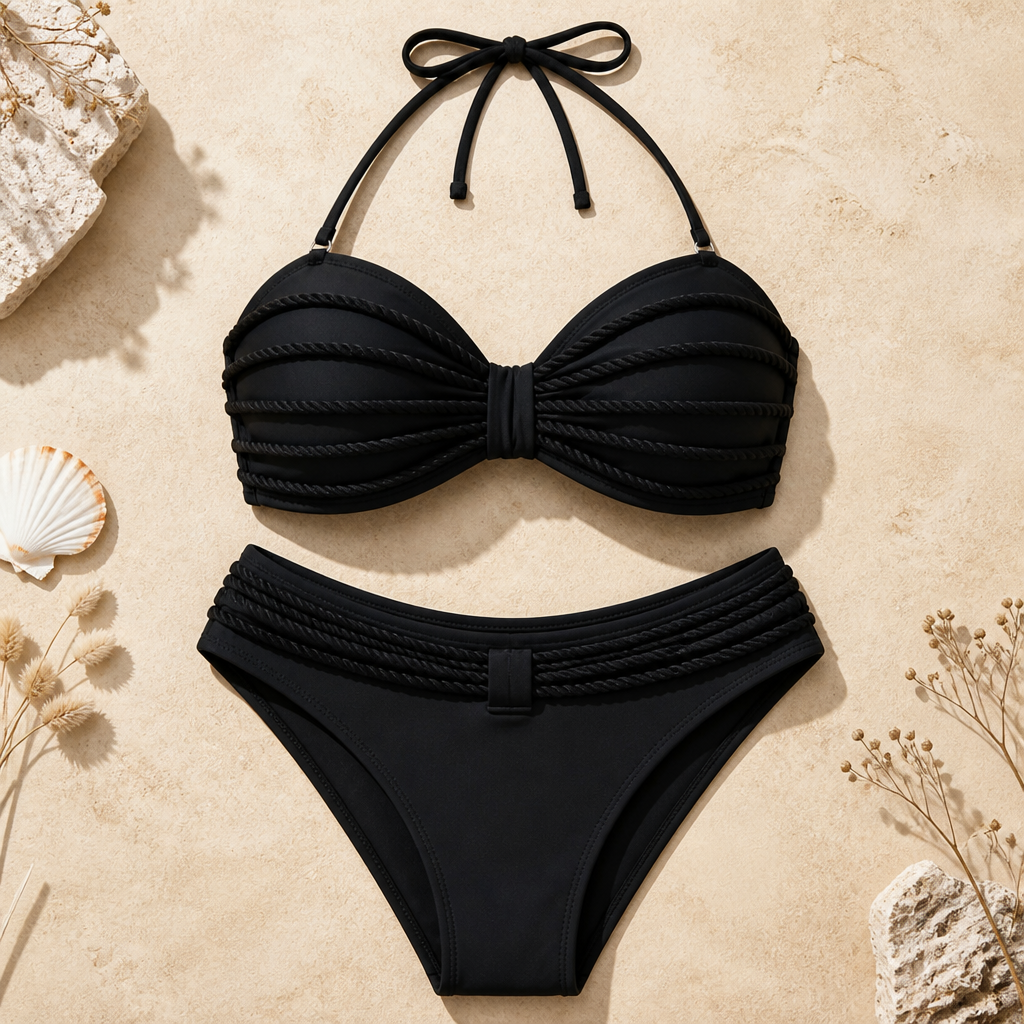 AuraTide™ – Rope-Textured Halter Bikini Set with Adjustable Tie-Back
