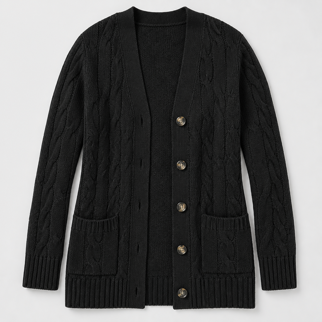 BorellaKnit™ – Chunky Cable Knit Button-Front Cardigan with Front Pockets
