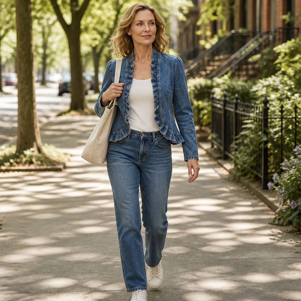 Denim Freedom™ – Lightweight Open-Front Denim Jacket with Ruffle Trim