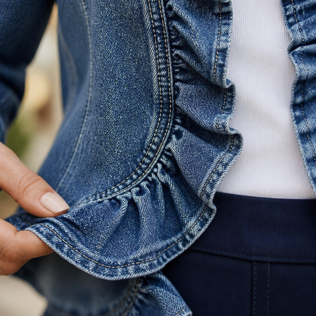 Denim Freedom™ – Lightweight Open-Front Denim Jacket with Ruffle Trim