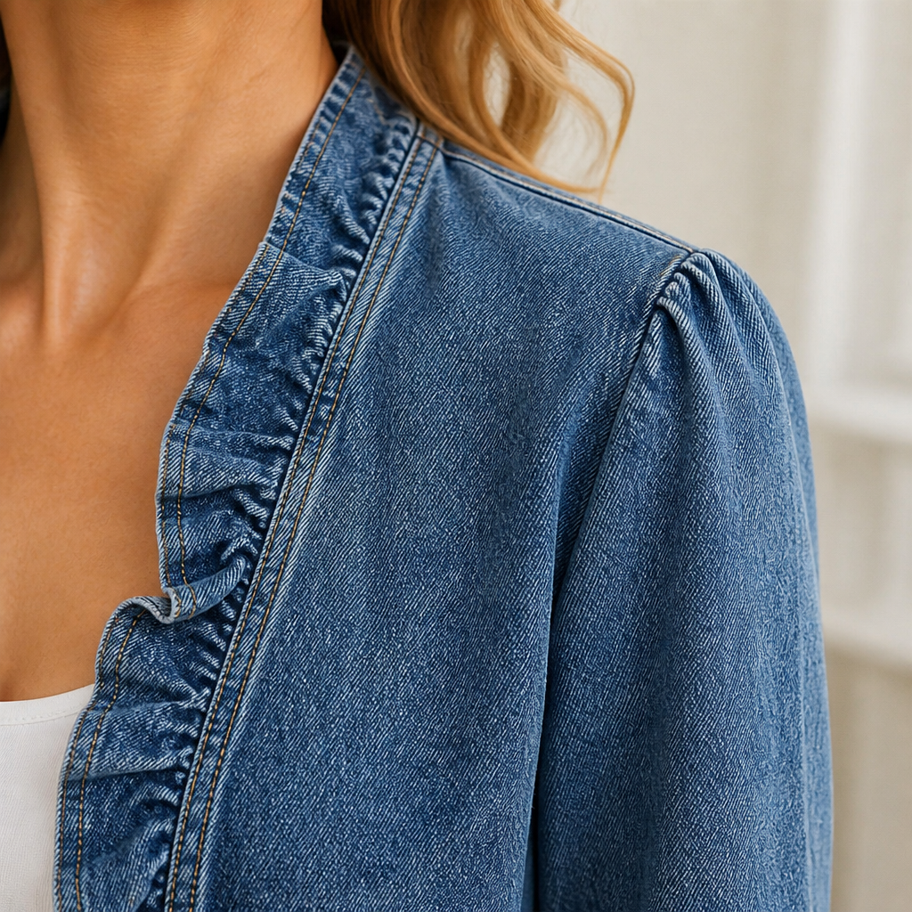 Denim Freedom™ – Lightweight Open-Front Denim Jacket with Ruffle Trim