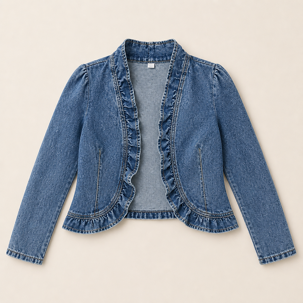 Denim Freedom™ – Lightweight Open-Front Denim Jacket with Ruffle Trim