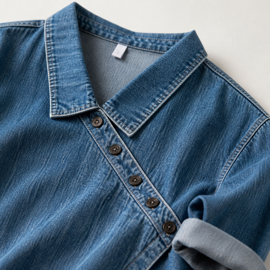 SerenaSway™ – Relaxed Asymmetric Button Denim Blouse with Lapel Collar