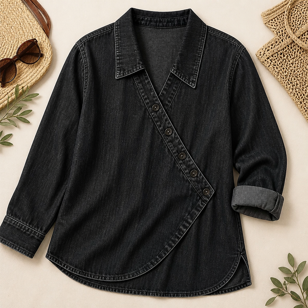 SerenaSway™ – Relaxed Asymmetric Button Denim Blouse with Lapel Collar